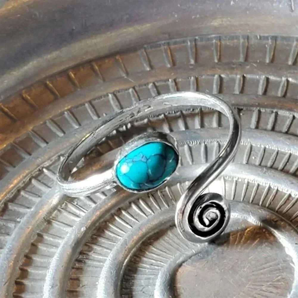Artisan India Blue Turquoise 925 Sterling Silver Plated Gemstone Ring Adjustable